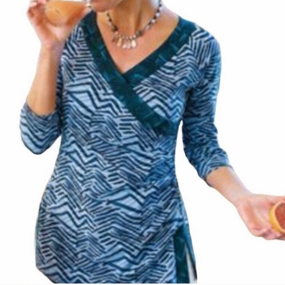 Soft Surroundings sz 2X Blue Bengal Print Faux Wrap Surplice Knit Tunic - Picture 2 of 10